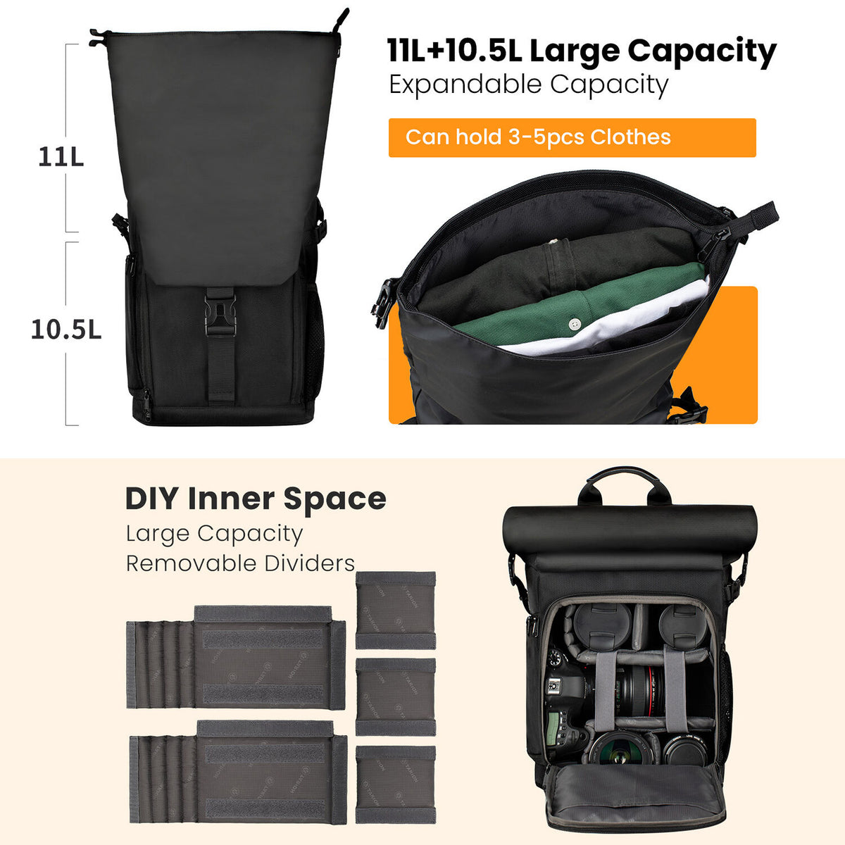 Mochila TARION SP-01 Rolltop (Negro, 20.5L) - vista lateral