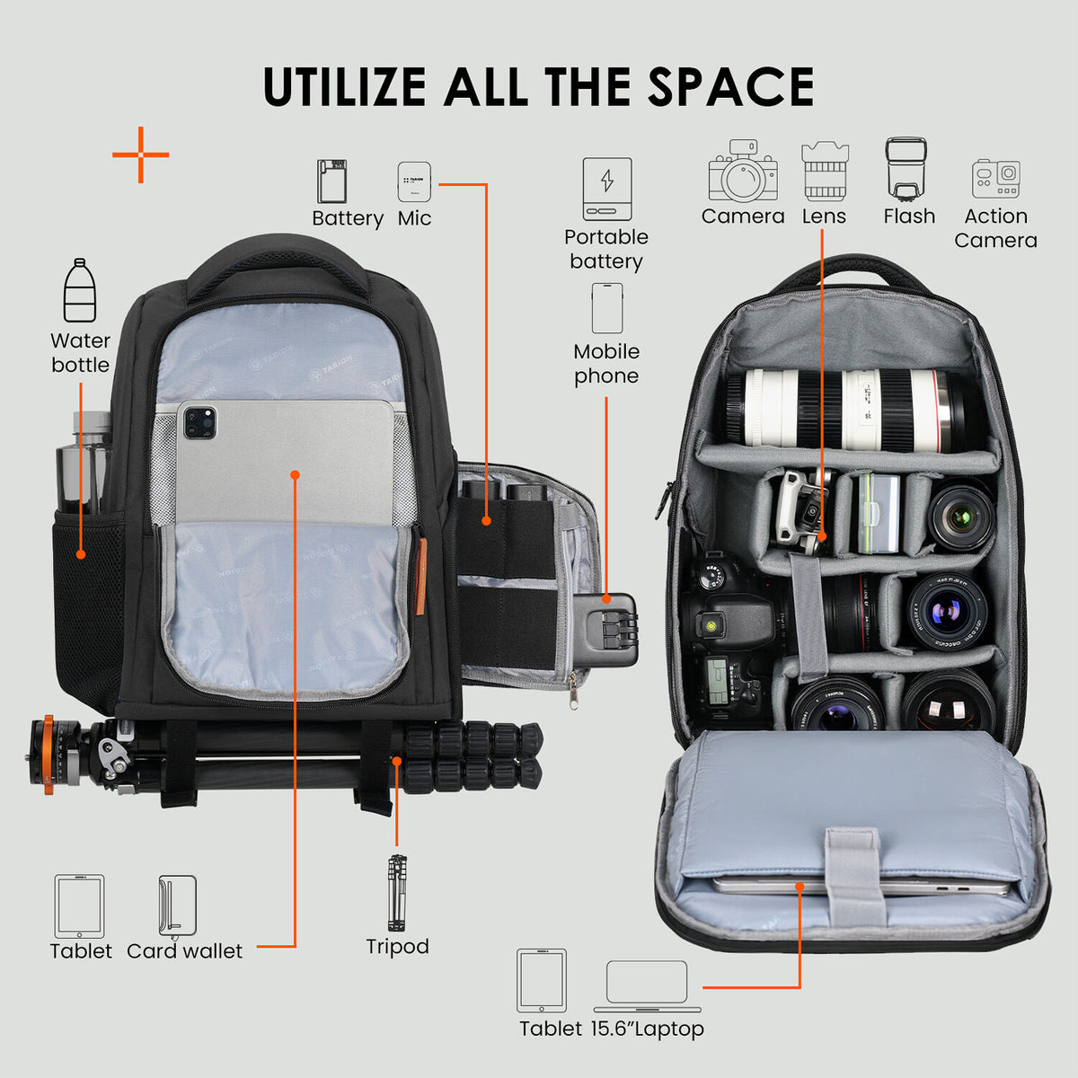 Mochila TARION TB-04 (Negro, 15L) - puertos y conexiones