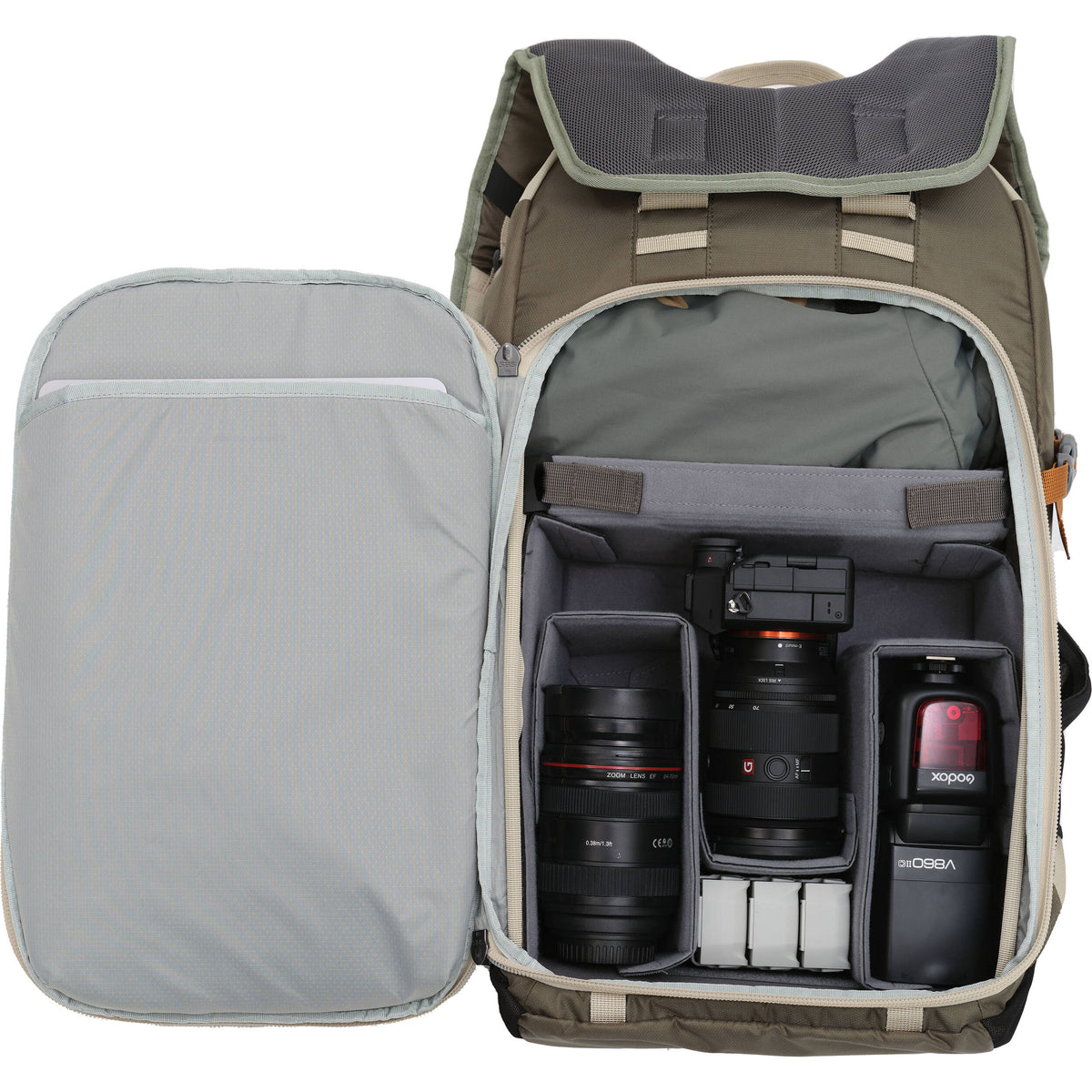 Mochila VSGO Pocket Ranger con inserto para cámara (35L, Off-Blanco & Verde) - vista frontal
