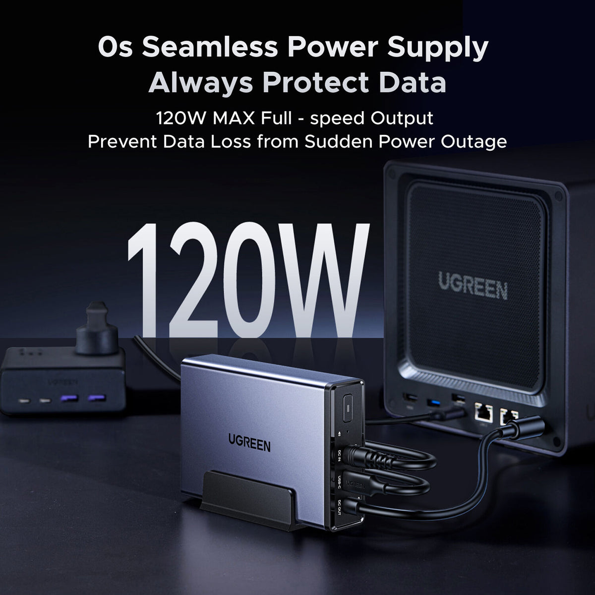 NAS Desktop UGreen US3000 UPS DC 120W 12000mAh para NAS - puertos y conexiones
