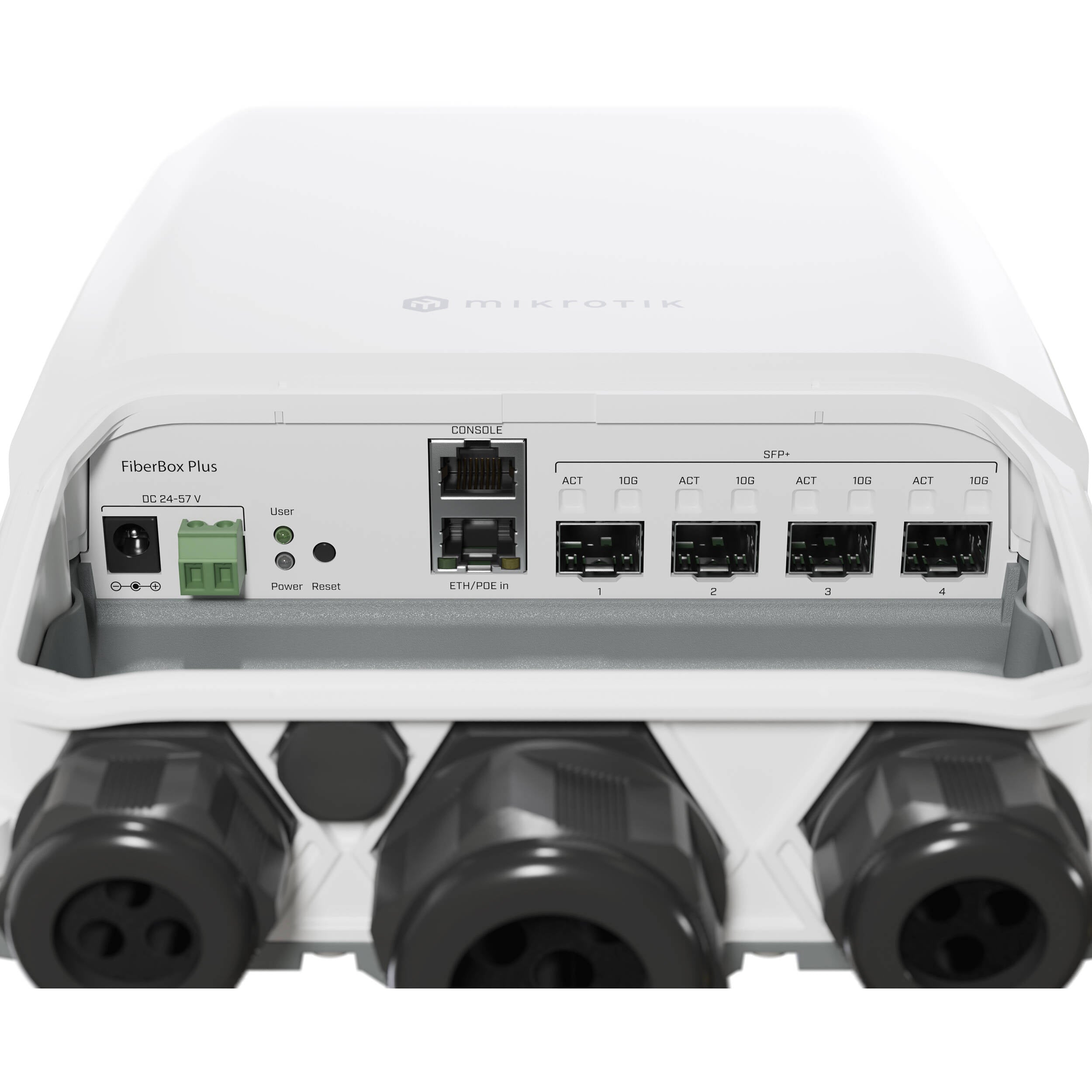 Switch de Red MikroTik Fiberbox Plus 4-Port 10G SFP+ Outdoor Managed Network Switch - vista frontal