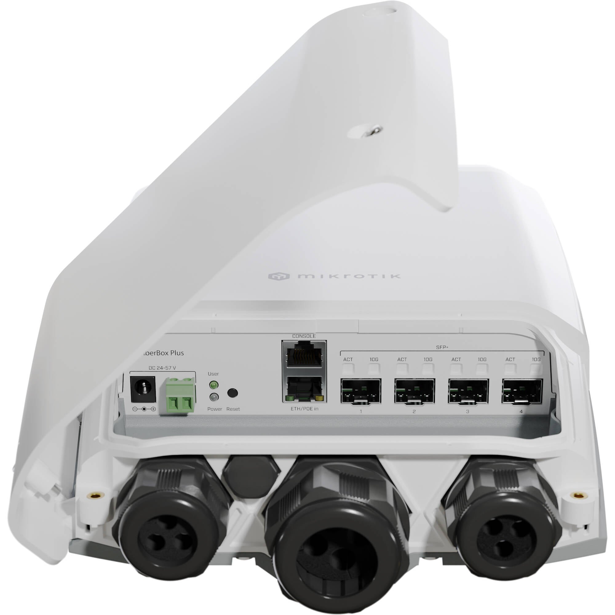 Switch de Red MikroTik Fiberbox Plus 4-Port 10G SFP+ Outdoor Managed Network Switch - puertos y conexiones