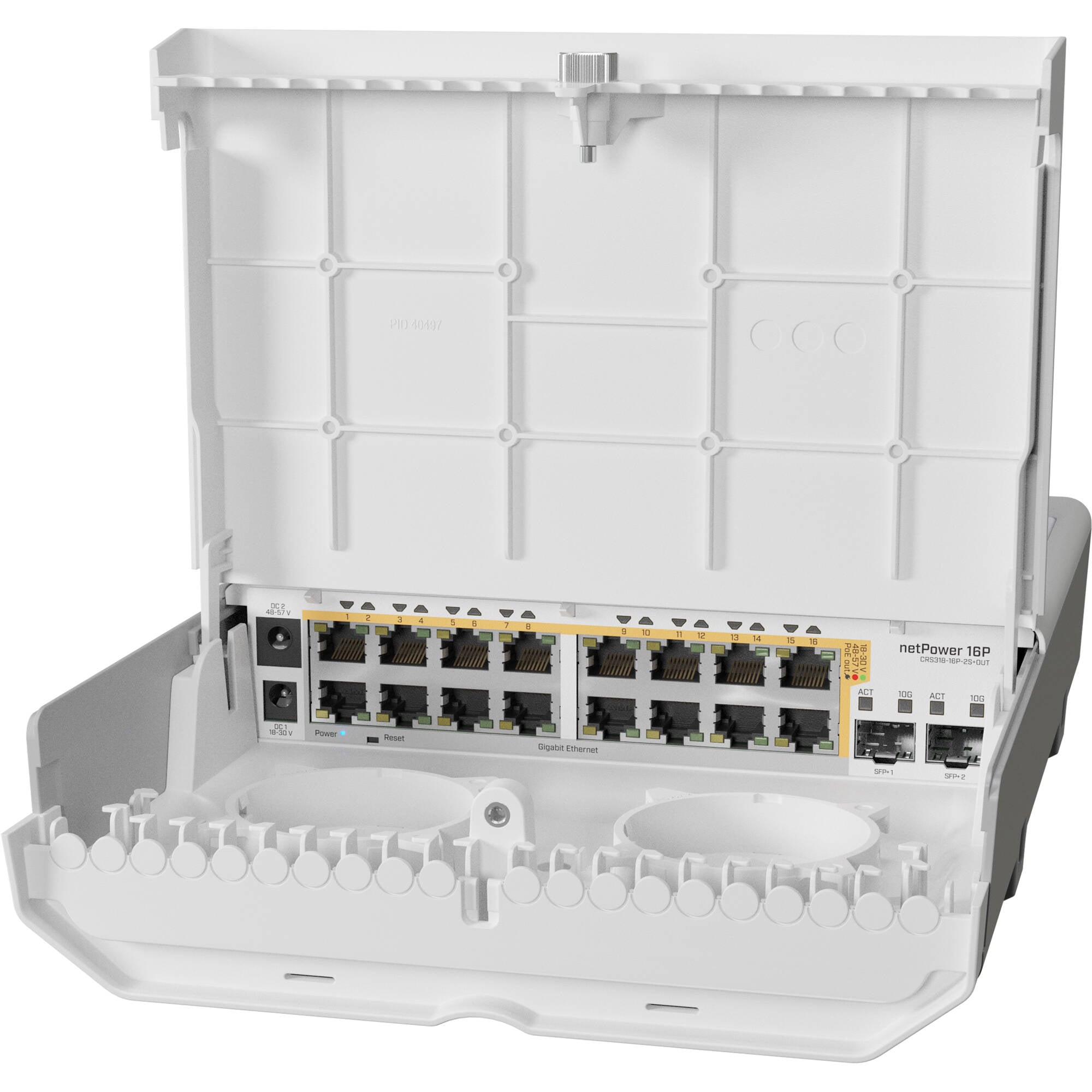 Switch de Red MikroTik netPower 16P 16-Port Gigabit PoE+ Compliant Outdoor Managed Network Switch - vista trasera