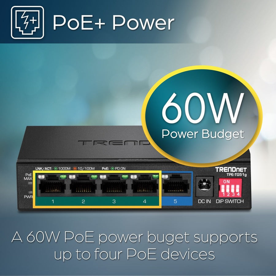 Switch de Red TRENDnet 5-Port Gigabit PoE+ Switch - vista 4