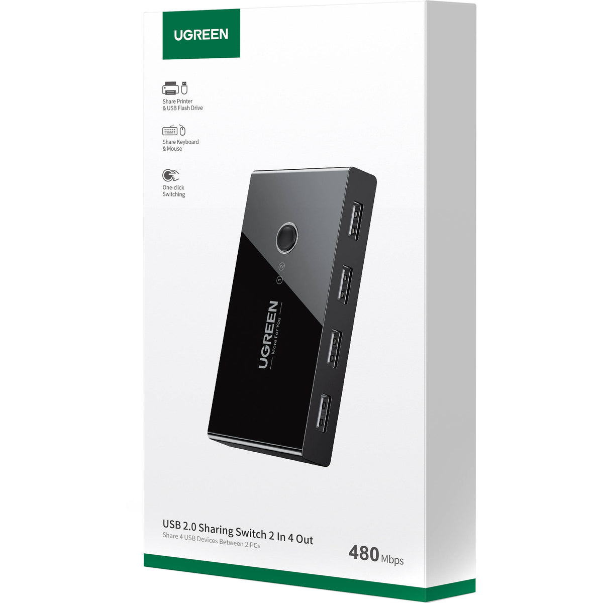 Switch USB UGreen USB 2.0 Selector 2 PC comparten 4 Dispositivos - vista frontal