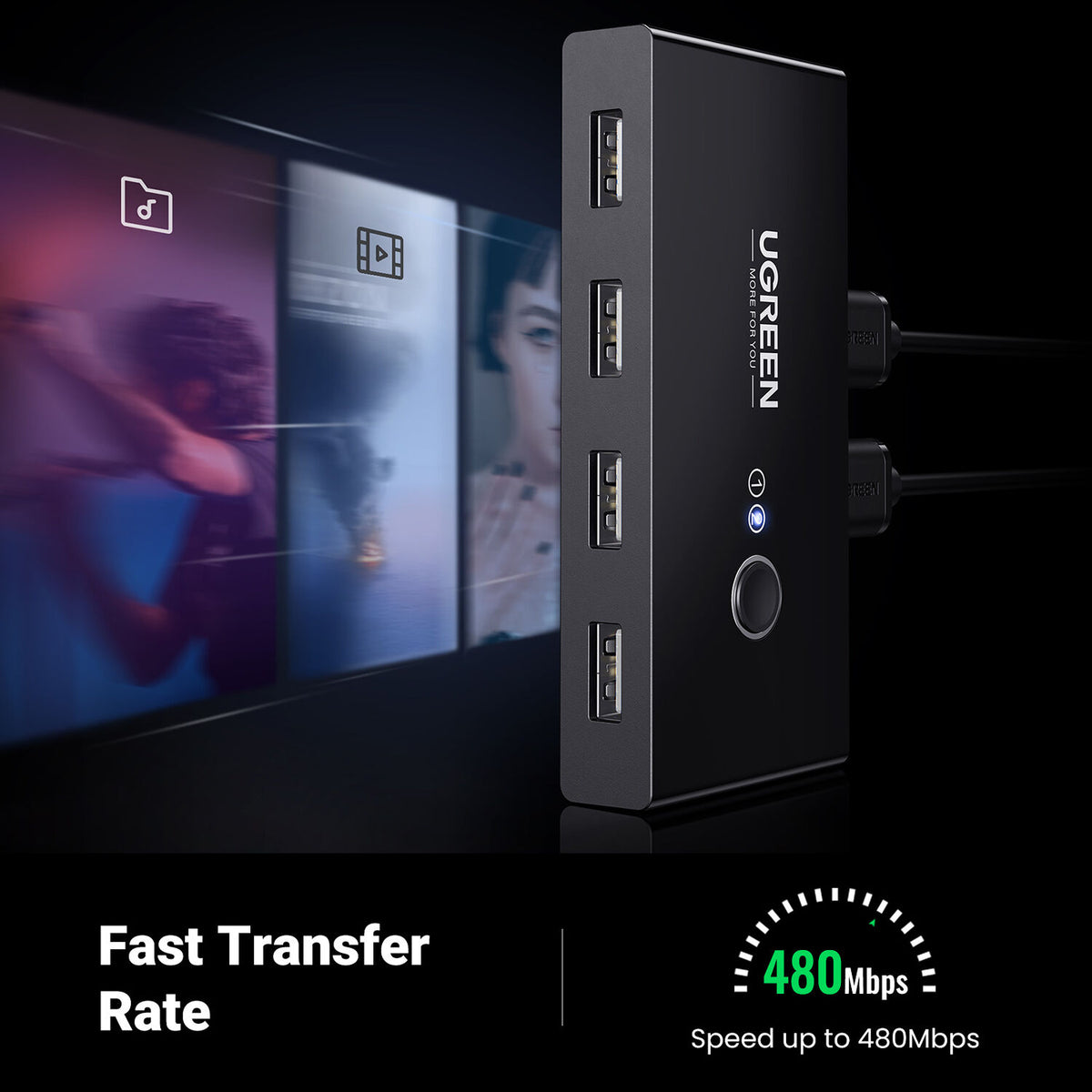 Switch USB UGreen USB 2.0 Selector 2 PC comparten 4 Dispositivos - vista lateral