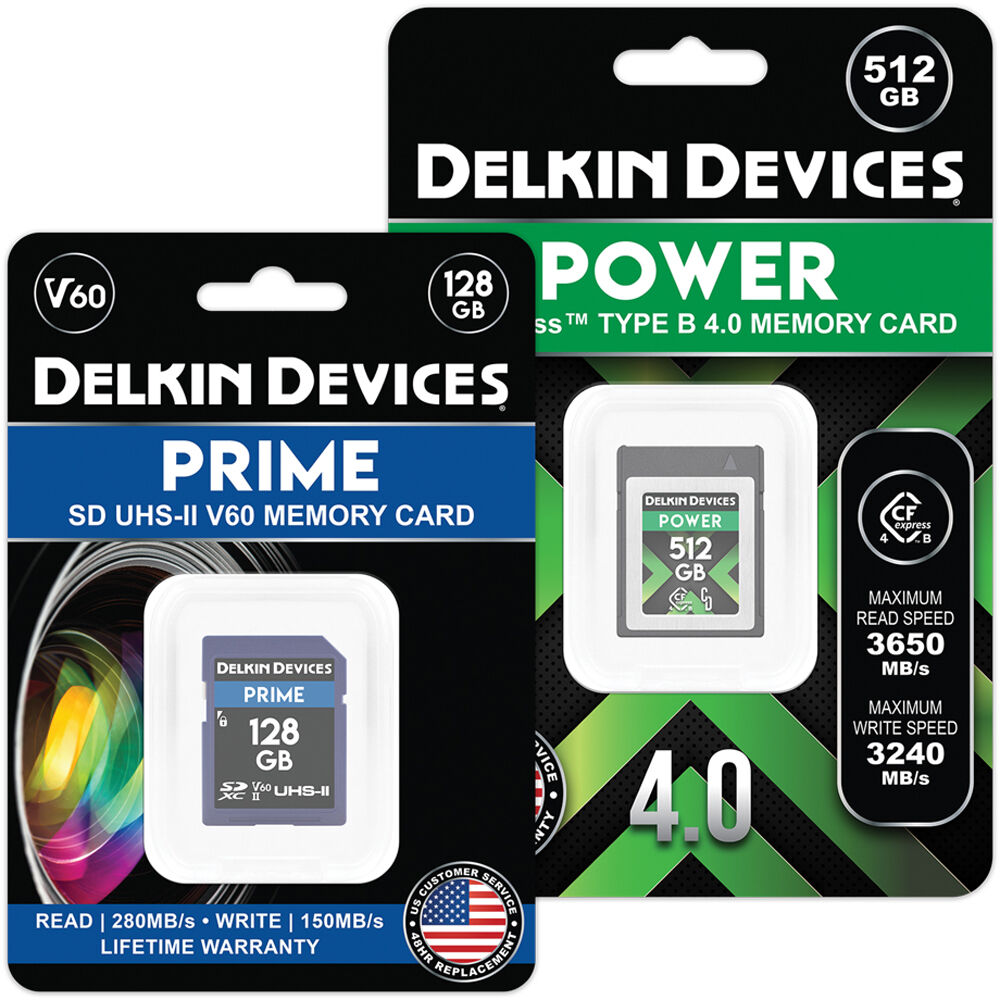 Tarjeta CFexpress Type B Delkin Devices 512GB POWER CFexpress 4.0 Type B & 128GB PRIME UHS-II SDXC Bundle - vista frontal