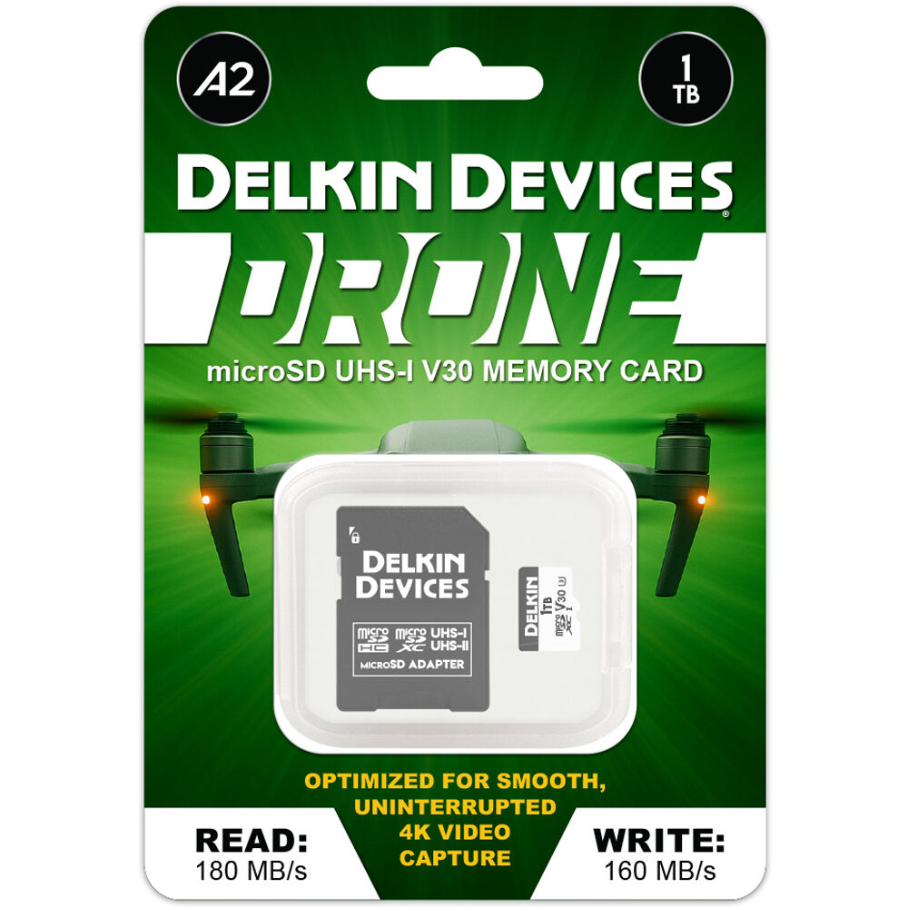 Tarjeta Delkin Devices 1TB Drone UHS-I microSDXC con SD Adapter - vista frontal