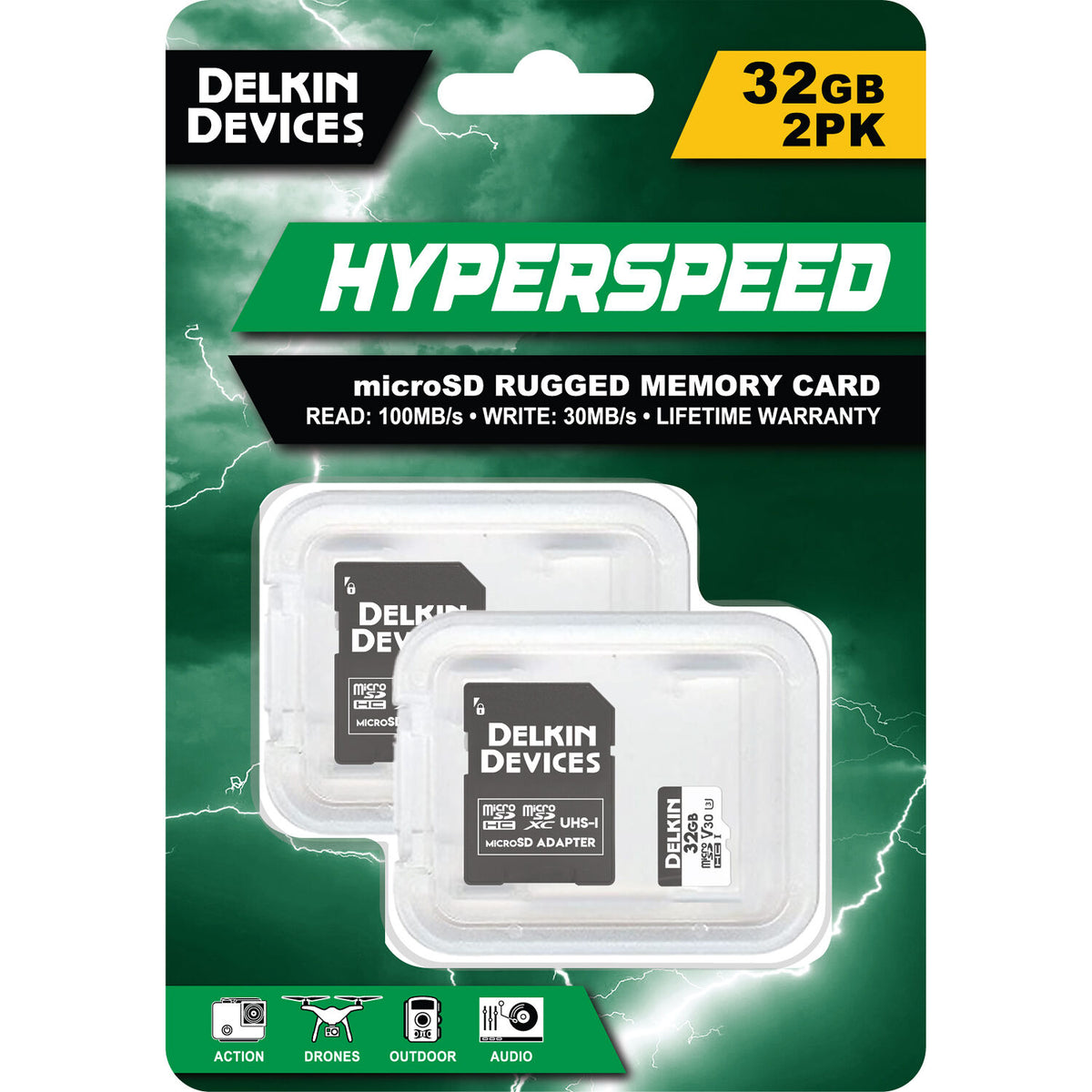 Tarjeta Delkin Devices 32GB Hyperspeed UHS-I microSDHC con SD Adapter (2-Pack) - vista frontal