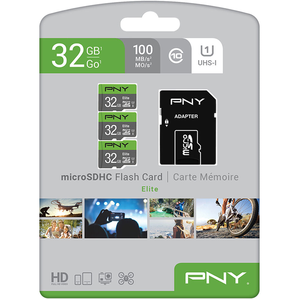 Tarjeta PNY 32GB Elite UHS-I microSDHC con SD Adapter (3-Pack) - contenido de la caja