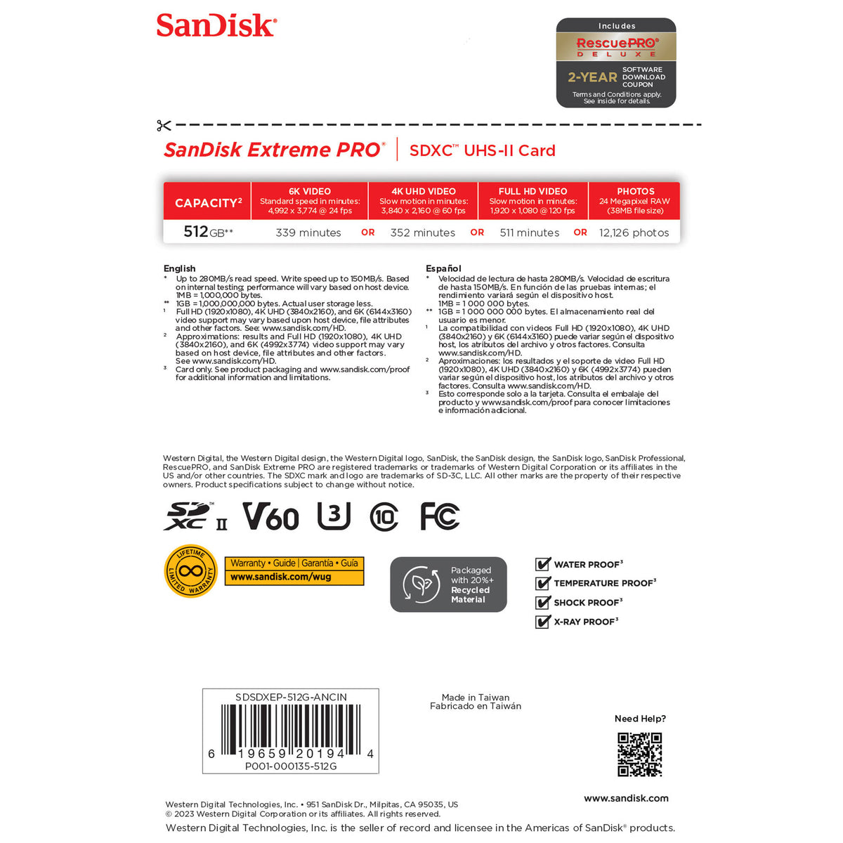 Tarjeta SanDisk 512GB Extreme PRO UHS-II SDXC (280 MB/s) - puertos y conexiones