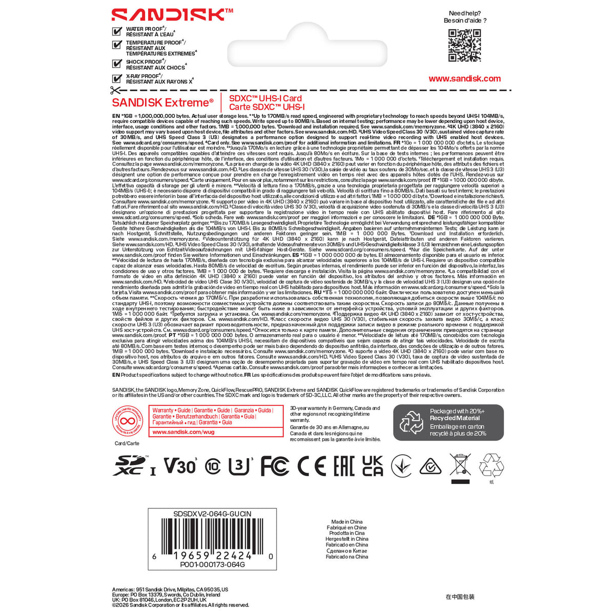 Tarjeta SanDisk 64GB Extreme UHS-I SDXC - puertos y conexiones