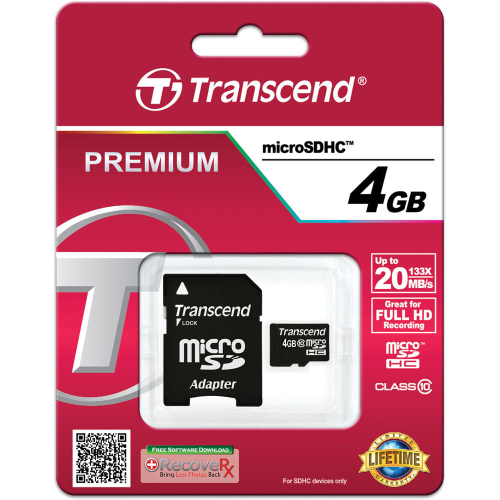 Tarjeta Transcend 4GB Premium microSDHC con SD Adapter - vista frontal