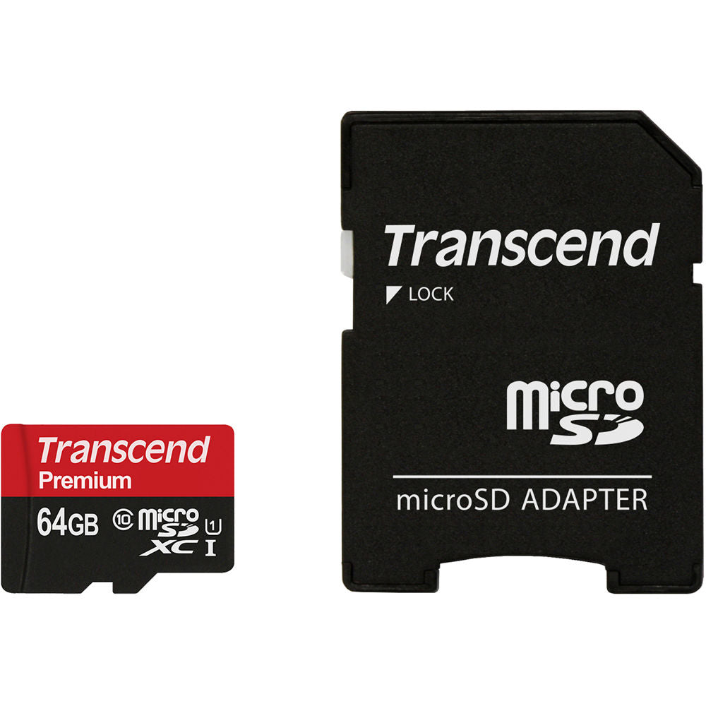 Tarjeta Transcend 64GB Premium microSDXC UHS-I con SD Adapter - vista frontal