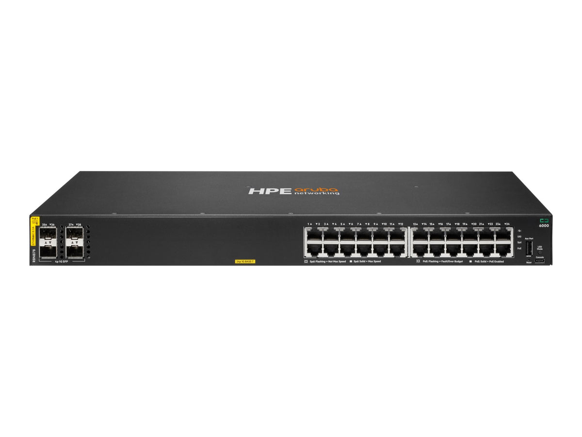 Transceptor de Red HPE Aruba Networking CX 6000 24p 10M/100M/1G Class4 PoE 4p SFP 1G 370W Switch - vista 1