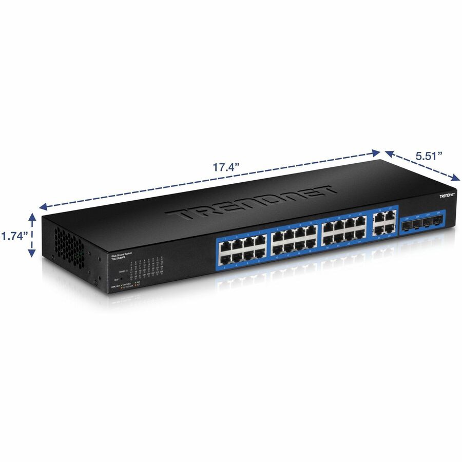 Transceptor de Red TRENDnet 28-Port Gigabit Web Smart Switch; 24 x Gigabit Ports; 4 x Shared Gigabit Ports (RJ - vista 5