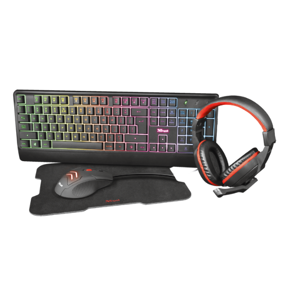 teclaro con luz RGB, mouse con luz led, audifonos y mousepad color negro con rojo