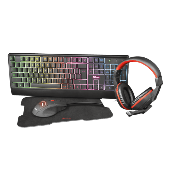 teclaro con luz RGB, mouse con luz led, audifonos y mousepad color negro con rojo 