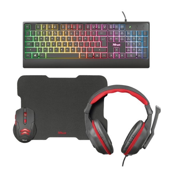 teclaro con luz RGB, mouse con luz led, audifonos y mousepad color negro con rojo
