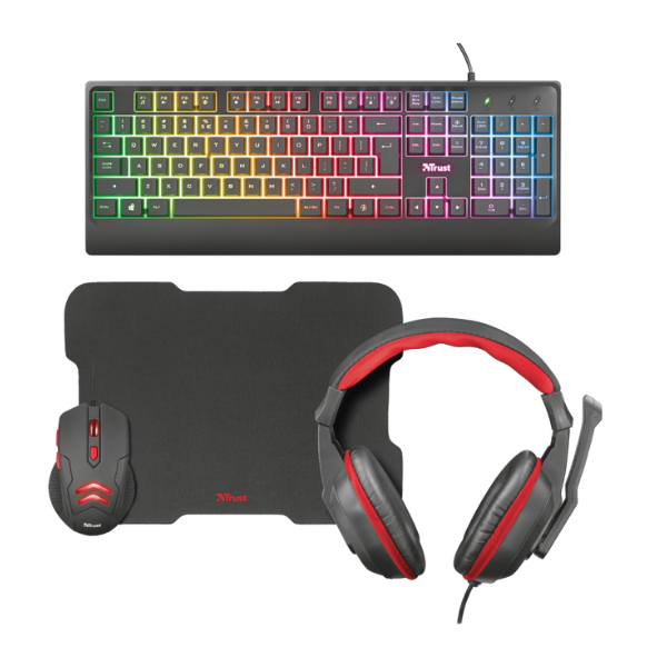 teclaro con luz RGB, mouse con luz led, audifonos y mousepad color negro con rojo 