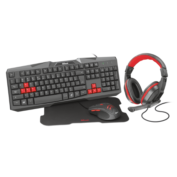 Teclado, mouse, audifonos y mousepad trust ziva color rojo con negro