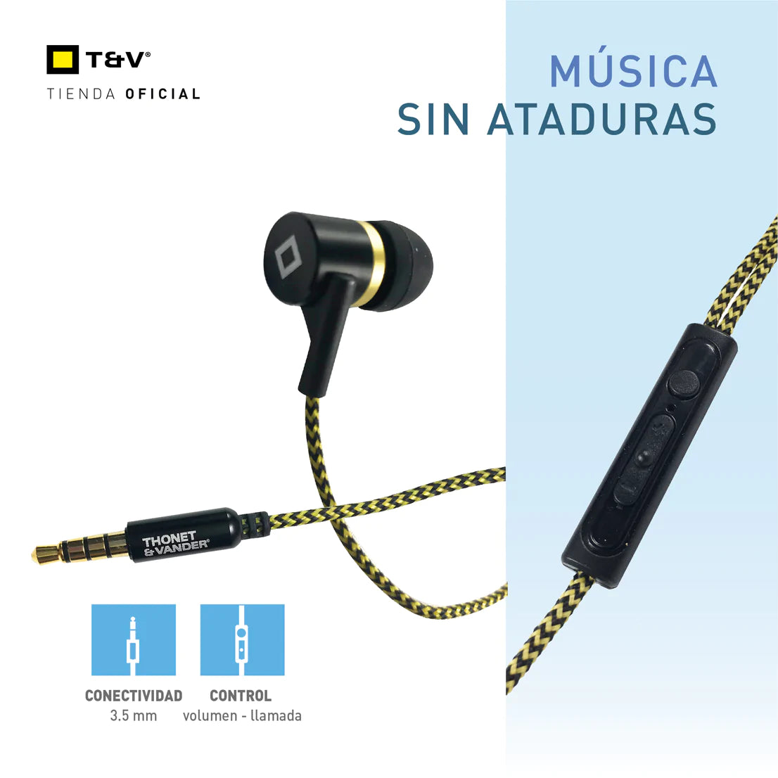 Audifonos Thonet & Vander 5Mw Aux 3.5Mm Cable Trenzado En Tela Amarillo Y Negro Klein