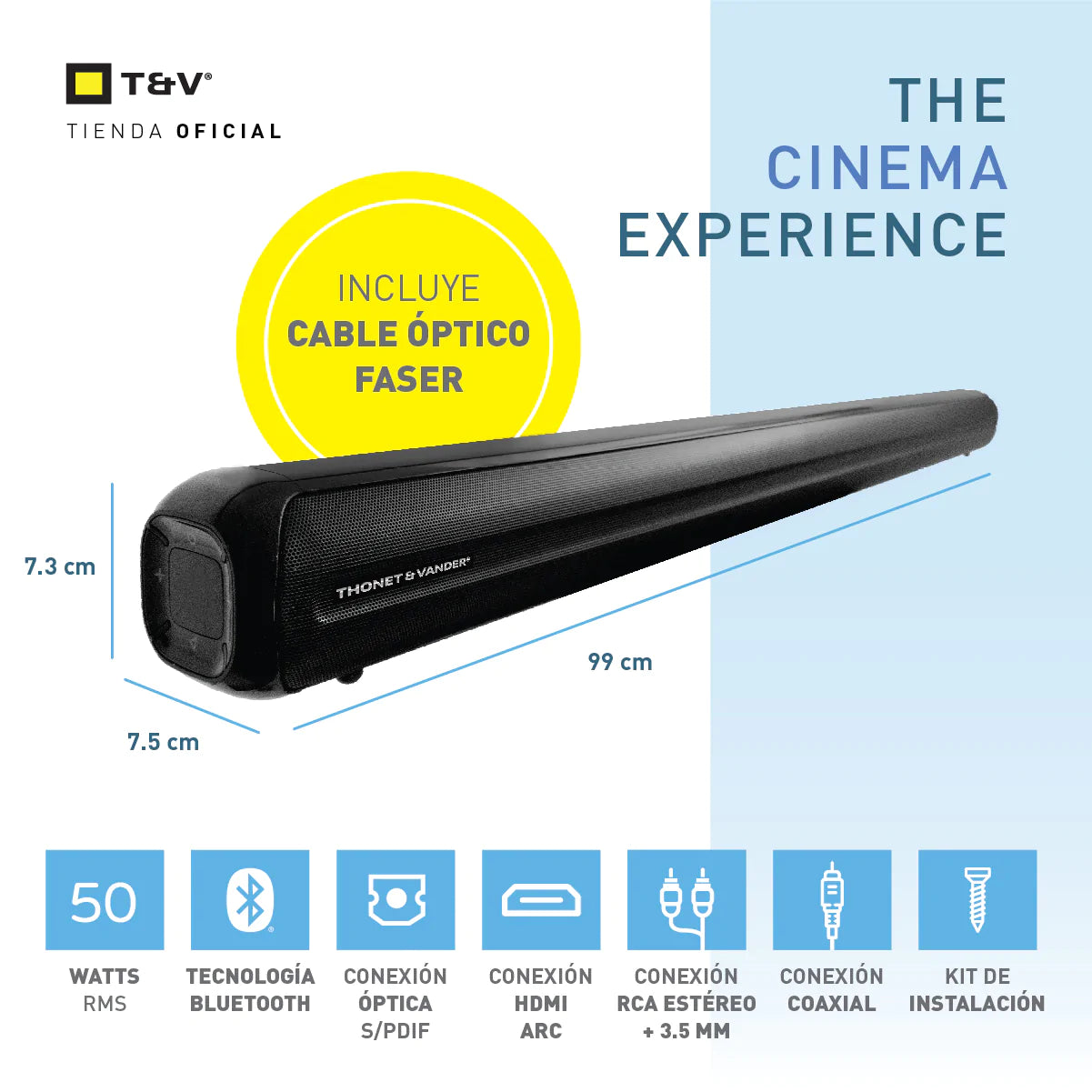 Barra De Sonido Thonet & Vander 250W Optico + Bluetooth + Aux 3.5Mm + Hdmi + Coaxial Rohre