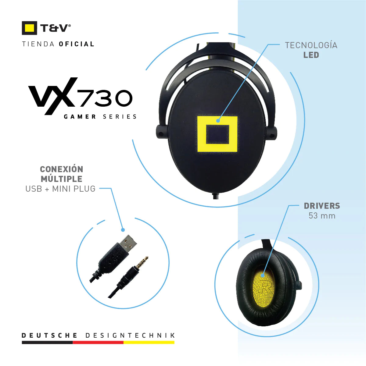 Audifonos Thonet & Vander 20Mw Headset Aux 3.5Mm + Usb Con Microfono Flexible Y Ajustable Luz Led VX730 Gaming