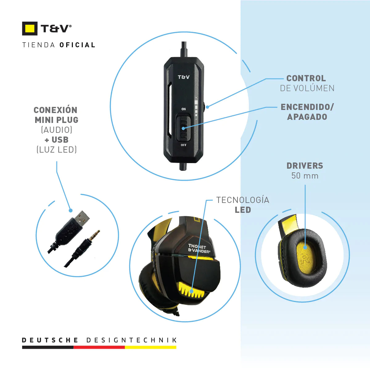 Audifonos Thonet-Vander color negro con amarillo caracteristicas