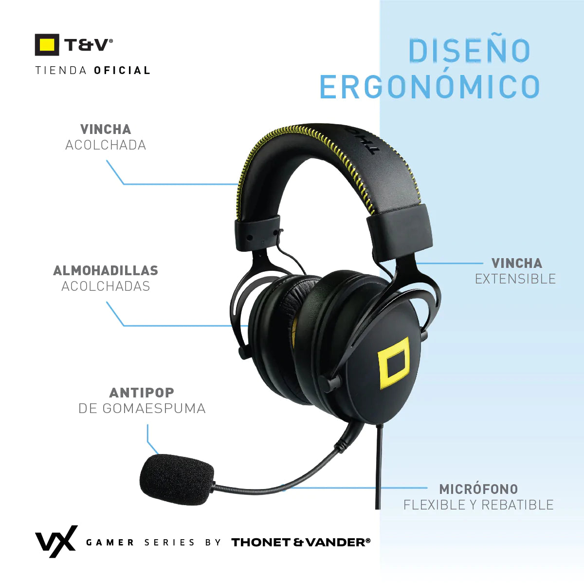 Audifonos Thonet & Vander 20Mw Headset Aux 3.5Mm + Usb Con Microfono Flexible Y Ajustable Luz Led VX730 Gaming