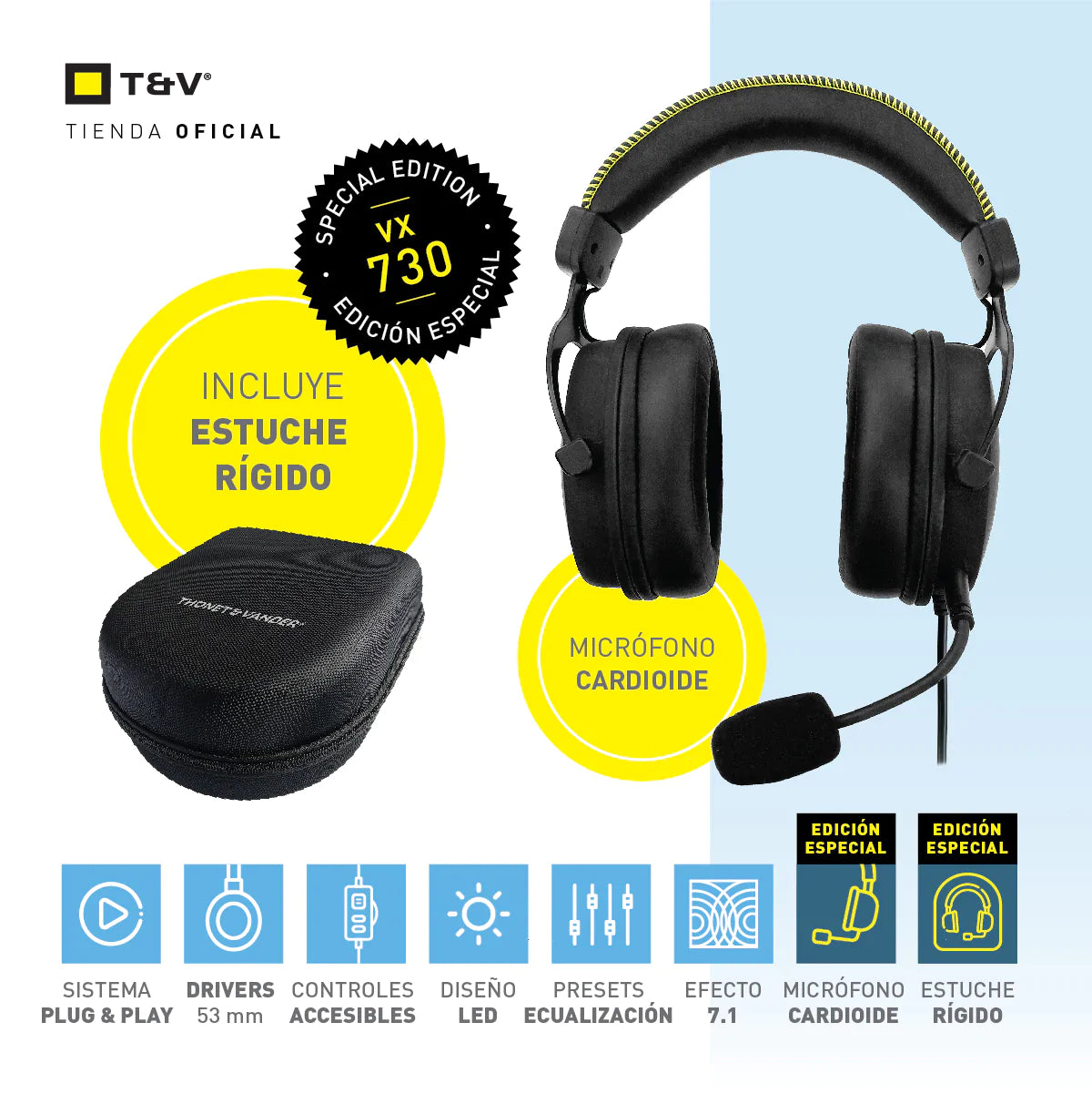 Audifonos Thonet & Vander 20Mw Headset Aux 3.5Mm + Usb Con Microfono Flexible Y Ajustable Luz Led VX730 Gaming