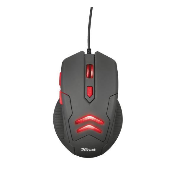 Mouse y mousepad trust color negro con rojo con luces led y 6 botones