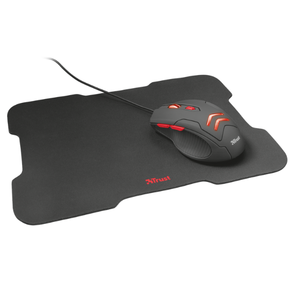 Mouse y mousepad trust color negro con rojo con luces led y 6 botones
