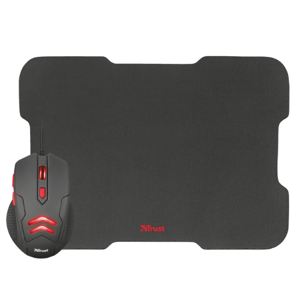 Mouse y mousepad trust color negro con rojo con luces led y 6 botones