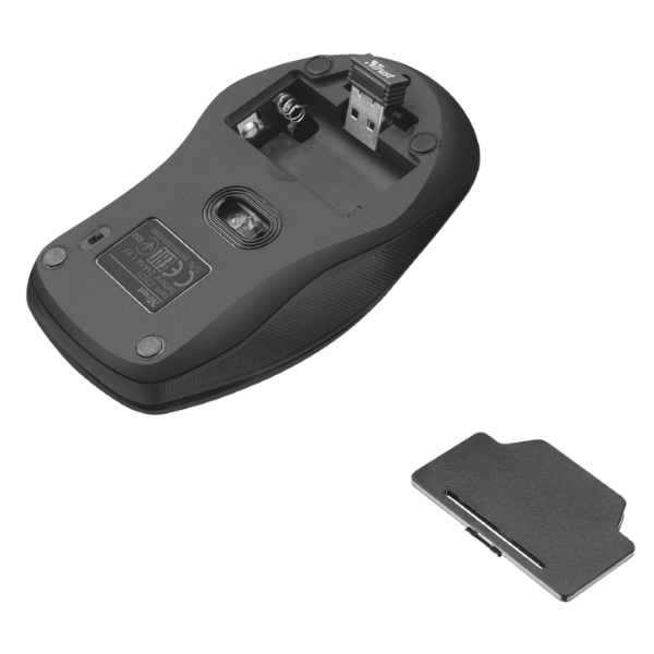 mouse inalambrico trust ziva detalle de donde se coloca la batería y el conector usb color negro