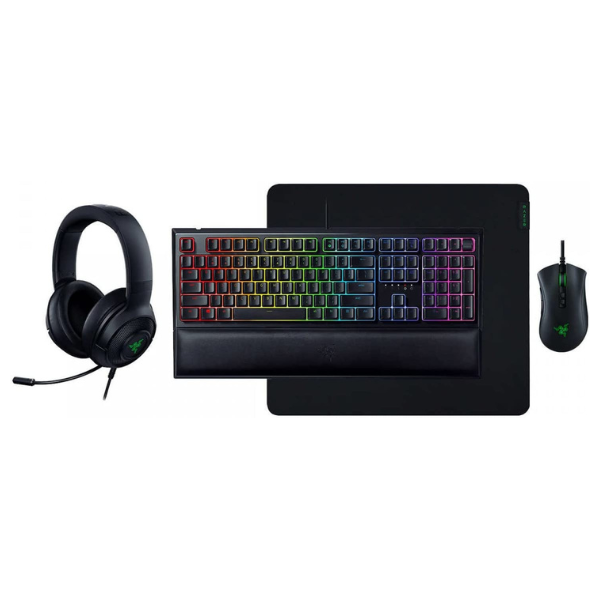 Kit 4 en1 Razer Homerun Gaming Teclado Razer Ornata V2 Mouse DeathAdder V2 Audifonos 7.1 Kraken V3 X Mouse Pad Razer