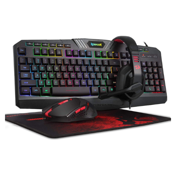 Kit 4 en 1 Redragon S101 RGB Backlit Gaming Mouse M601 + Teclado RGB + Audifonos Garuda Stereo + archelon Mouse Pad Negro