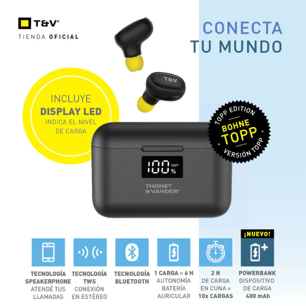 Audifonos Thonet & Vander 10Mw Earbuds Bluetooth Funciones Tactiles Bohne Topp Negros