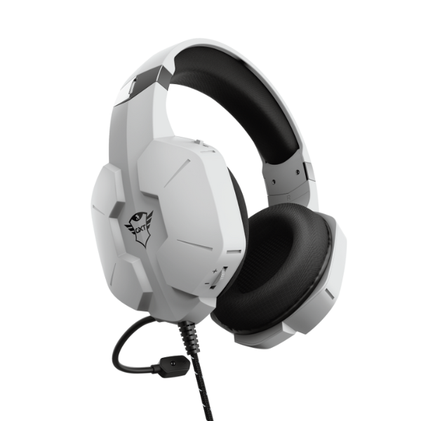 audifonos trust carus gaming color blanco con detalles en plateado y negro