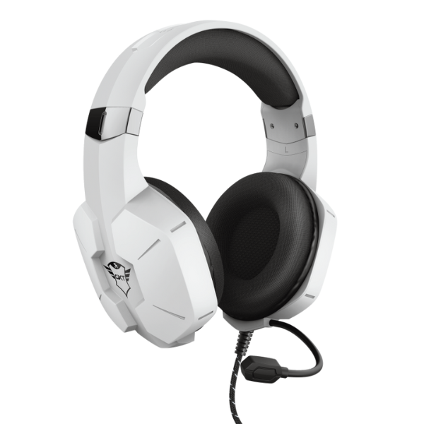 audifonos trust carus gaming color blanco con detalles en plateado y negro