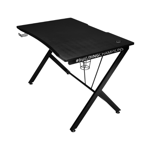 escritorio color negro gamer con soporte para audifonos y bebidas