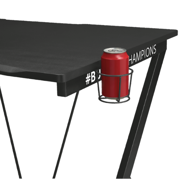 escritorio color negro gamer con soporte para audifonos y bebidas