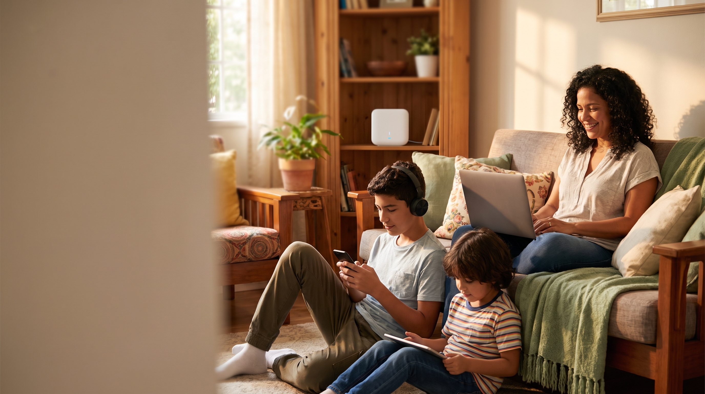 Familia venezolana disfrutando de internet en casa con buen WiFi
