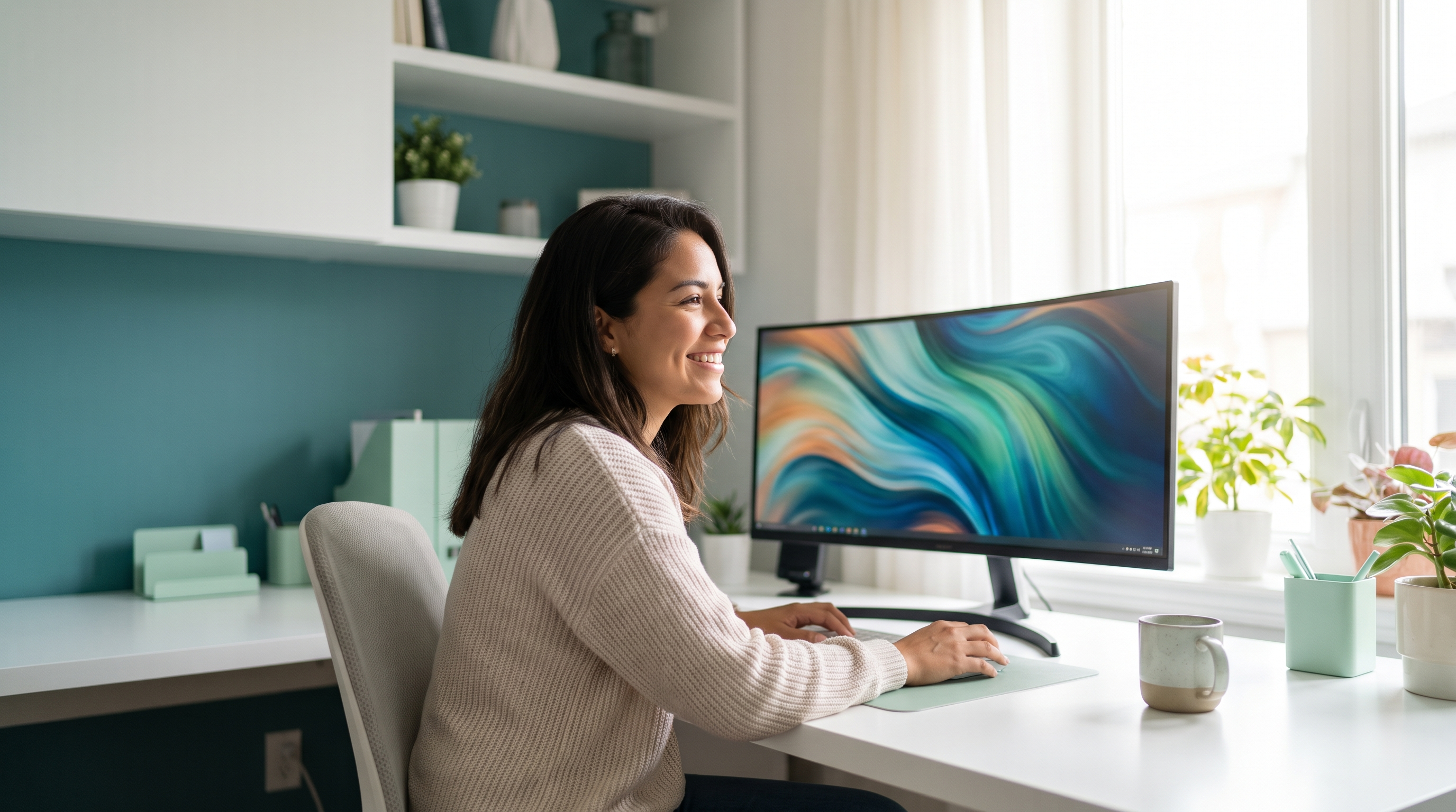 Mujer trabajando en casa frente a un monitor de PC amplio y nítido