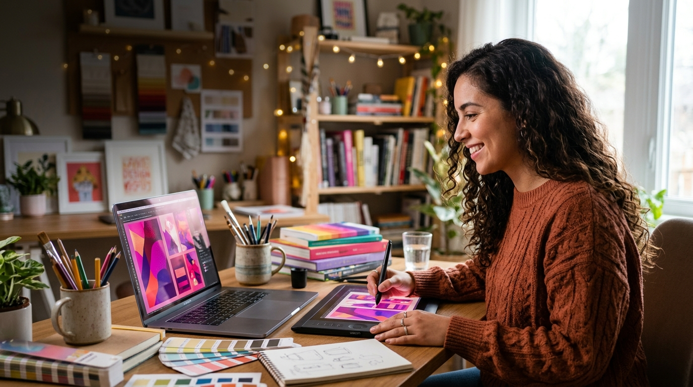 Diseñadora trabajando en una laptop en un estudio creativo