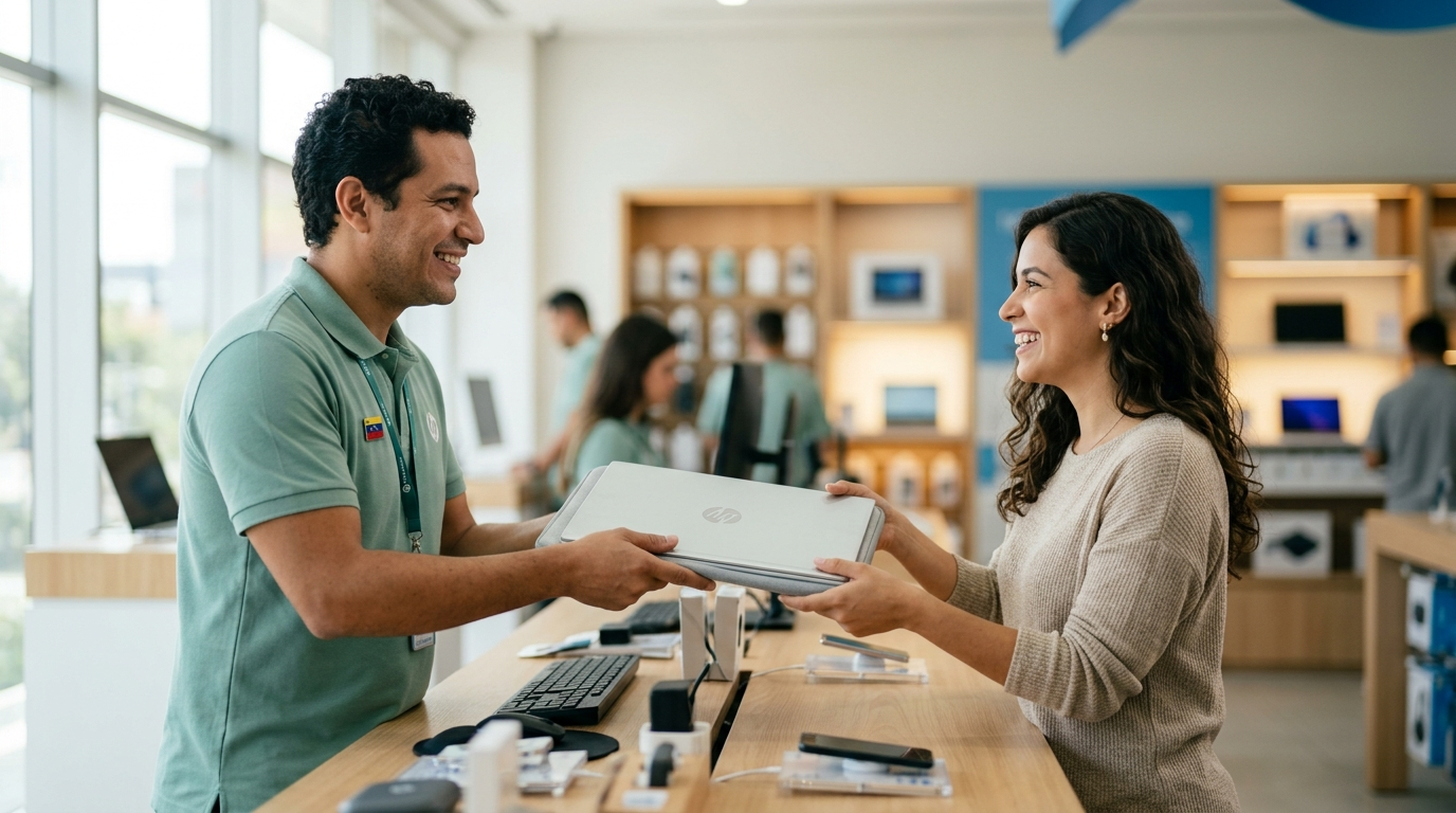 Asesor entregando una laptop a un cliente en una tienda de tecnología