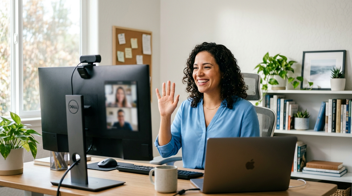 Mujer en videollamada con una webcam sobre el monitor