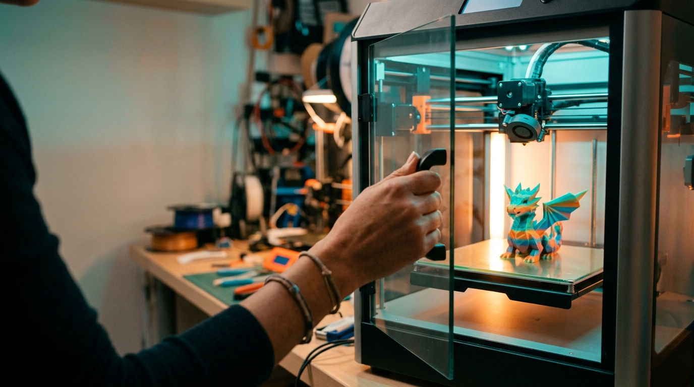 Maker abriendo una impresora 3D con una pieza recién impresa