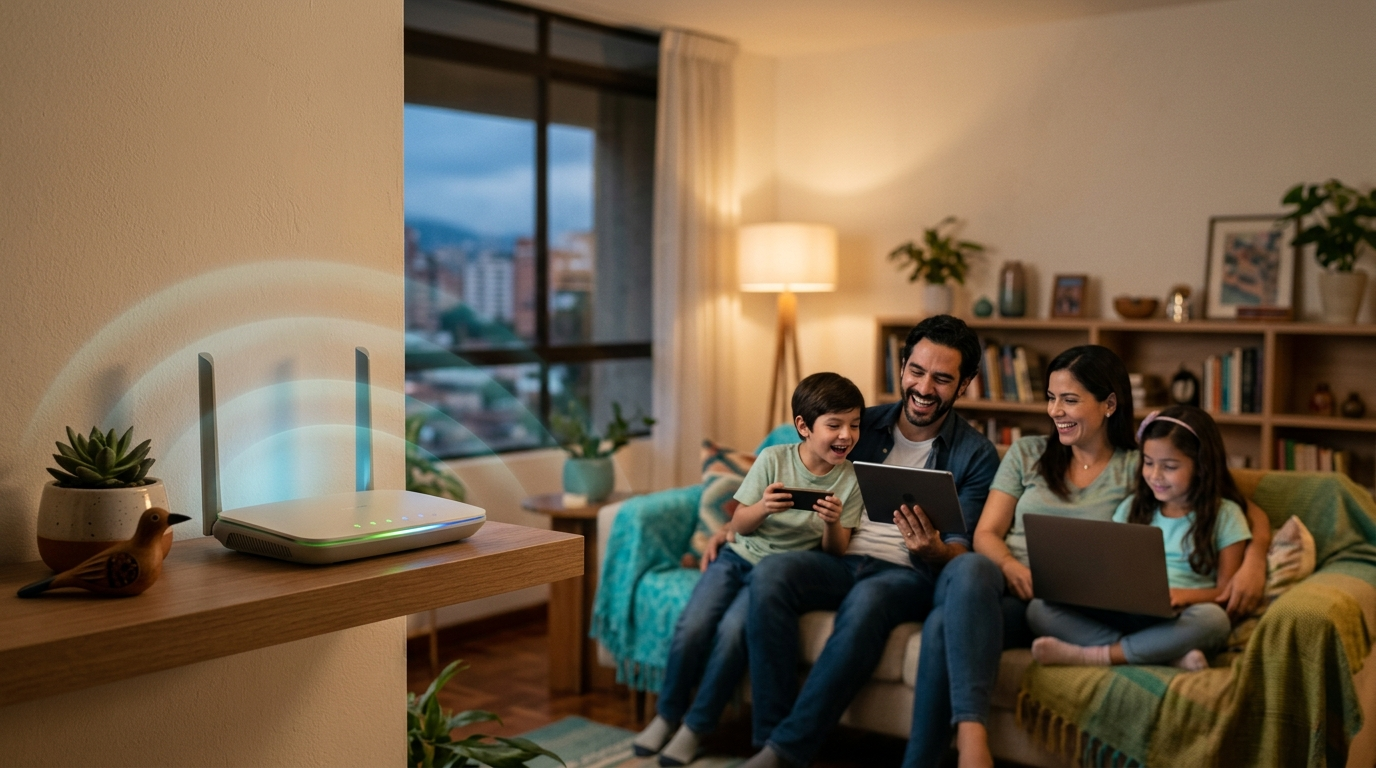 Router TP-Link en una sala con una familia conectada