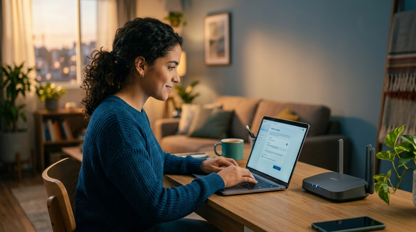 Persona configurando la seguridad de su router WiFi en casa